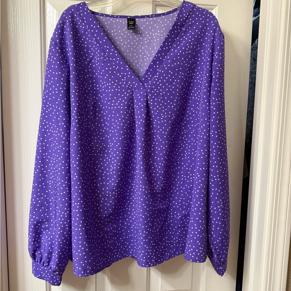 SHEIN Purple V-Neck Blouse with White Dots